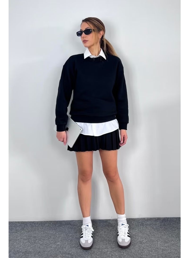 Ritnice Women's Cozy Black Basic Crew Neck Cotton Thick Knitted Sweatshirt with Fleece Inside - Image 3